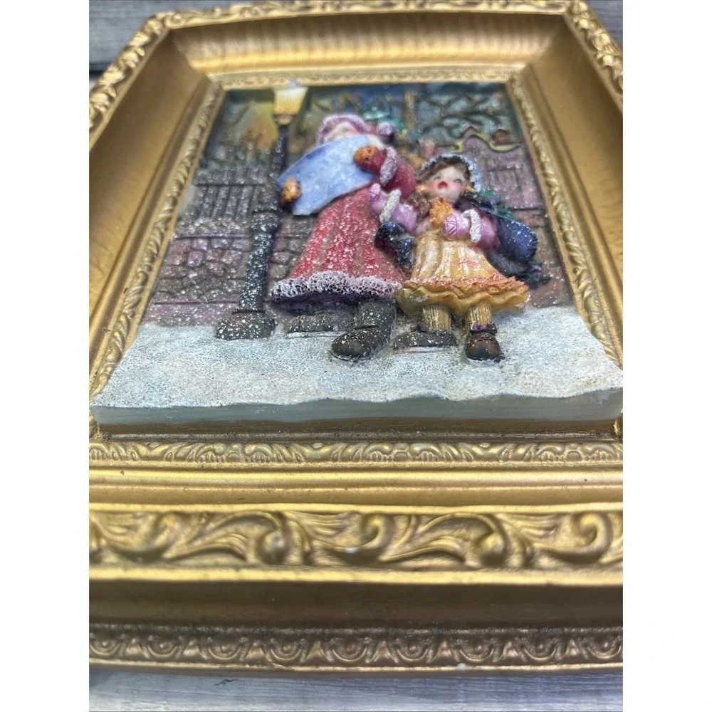 Santa Little Girl In The Snow Christmas Tree Gold Framed Vintage 3D Picture
